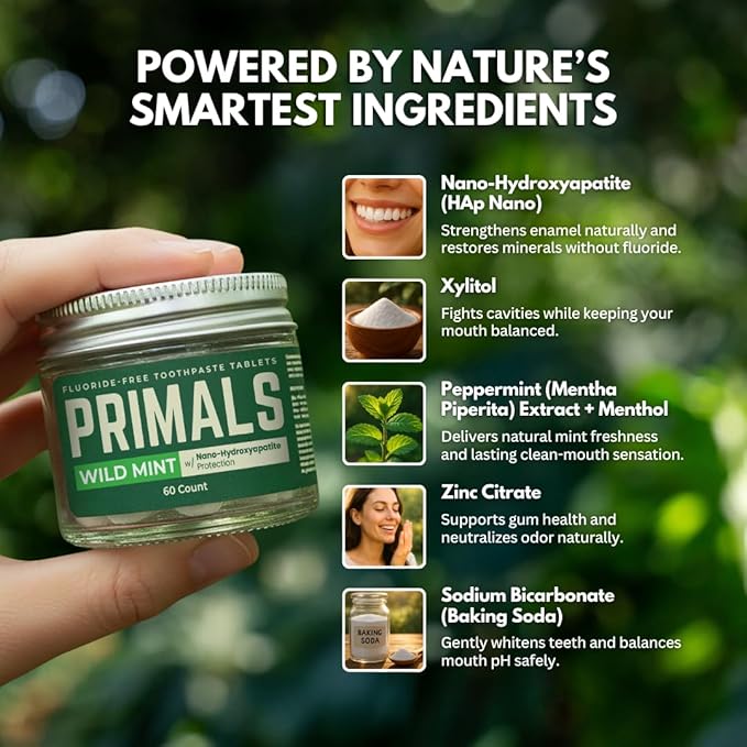 PRIMALS Fluoride-Free Toothpaste Tablets - Nano Hydroxyapatite - Zero Artificial Flavors or Plastic - Remineralizes & Whitens Teeth - 60 Count (1 Month Supply)