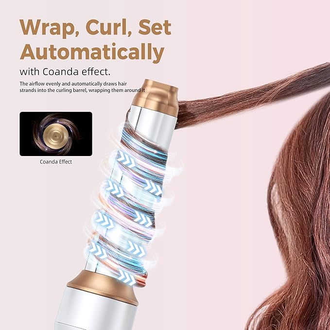 6 in 1 Air Styler Magic Hair Dryer Brush, Negative Ionic Blow Dryer Brush & 3 Heat Settings, Detachable Auto Curling & Straightening Volumizing, Frizz-Free Styling, Salon to Home Use (White-Pink)