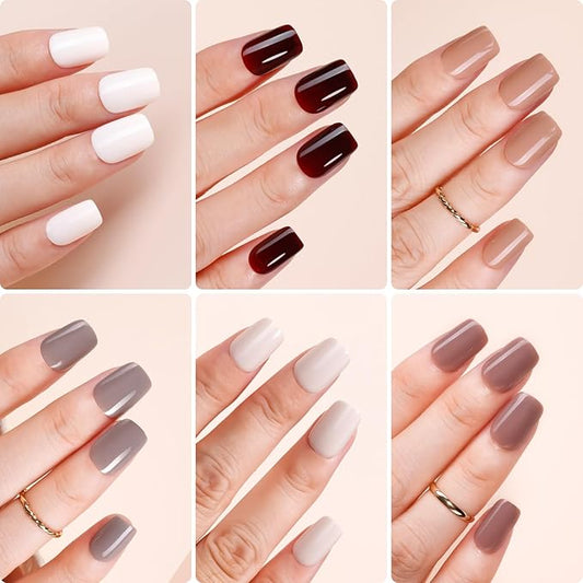 Makartt Press on Nails Kit: Short Deep Neutrals Coffin Tips in 6 Styles 144PCS, Natural Fit with Adhesive Tabs, Glue, and File, Manicure Set for Home Salon