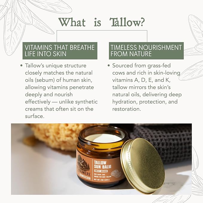 Sweet Orange Tallow Sunscreen SPF 50 – Grass-Fed Beef Tallow Balm with Carrot Seed Oil & Non-Nano Zinc – Organic Face & Body Moisturizer, Reef Safe, Naturally Scented – 2.5oz, Made in USA
