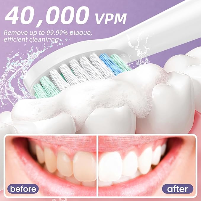 YUNCHI Electric Toothbrush for Adults and Kids, Travel Electric Toothbrush & Case, Sonic Rechargeable Toothbrushes, 90 Days, 8 Brush Heads, 2 Min Timer, IPX7 Waterproof, 5 Modes, Purple White Gradient