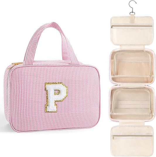 TOPEAST Hanging Toiletry Bag for Women - Travel Toiletry Bag Makeup Bag, Portable Toiletries Cosmetic Bag, Airplane Travel Essentials - Letter P, Pink