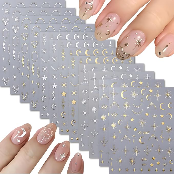 12 Sheets Silver Gold Moon Star Nail Art Stickers - 3D Self Adhesive Decals for Design and Decoration - Supplies Accessories for Women