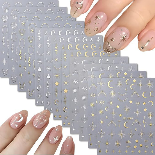 12 Sheets Silver Gold Moon Star Nail Art Stickers - 3D Self Adhesive Decals for Design and Decoration - Supplies Accessories for Women