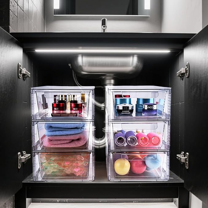 4 Pack Clear Stackable Storage Drawers, 3.95" H Easily Assemble Acrylic Organizer Bins - Multi-Use for Make up, Closet, Pantry, Bathroom, Medicine, Kitchen Cabinet & Undersink Organization