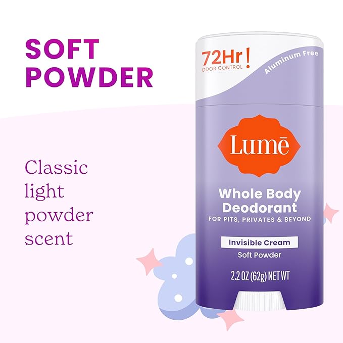 Lume Whole Body Deodorant - Invisible Cream Stick - 72 Hour Odor Control - Doctor Developed - Aluminum Free, Baking Soda Free and Skin Loving - 2.2 Ounce (2 pack) (Soft Powder & Clean Tangerine)