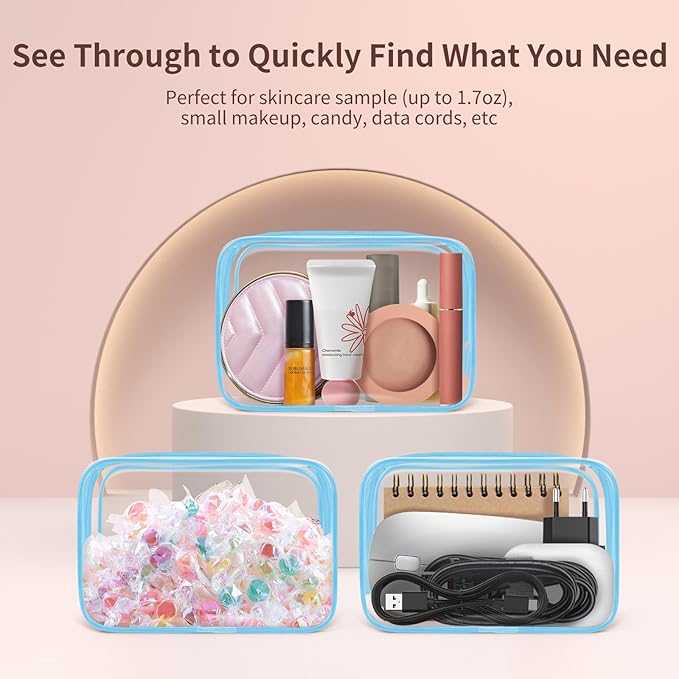 TISRATOK 12 PCS Clear Makeup Bag for Women with Zipper, TSA Approved Toiletry Pouch, Cosmetic Bag Bulk for Travel Organizer Essentials - Blue,Small