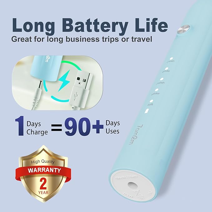 7AM2M Sonic Electric Toothbrush for Adults and Kids, with 8 Brush Heads and Travel Case,5 Modes with 2 Minutes Built in Smart Timer, One Charge Use for 90 Days, Rechargeable Toothbrushes (Light Blue)