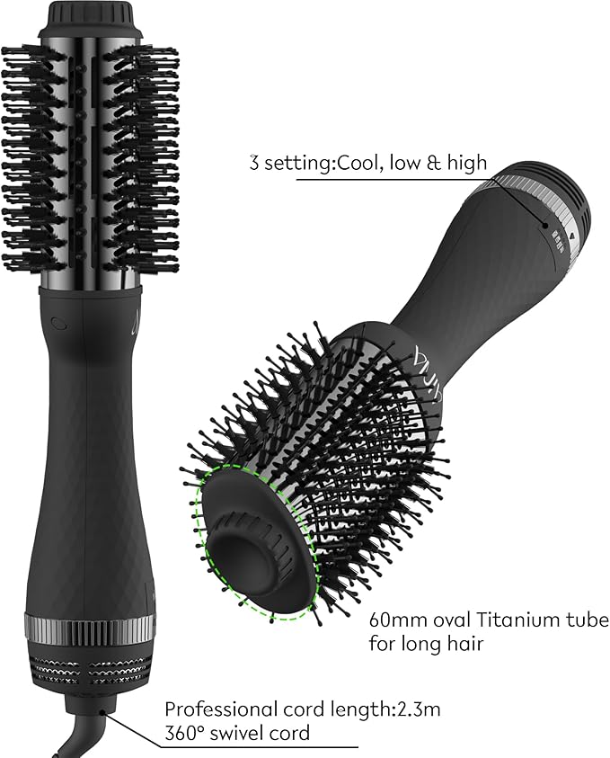 AINA Hot air Brush, Blow Dryer Brush | 60MM 2-in-1 Titanium Volumizer, 3 Heat Settings | 360° Vented Airflow 110V/ALCI Plug (60mm Round)
