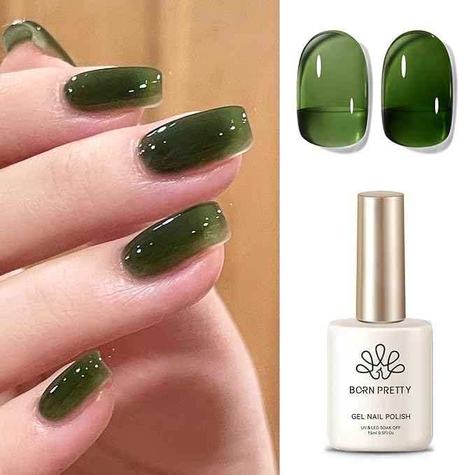 Born Pretty Jelly Gel Nail Polish, Jelly Green Sheer Gel Nail Polish, Dark Green Transparent Neutral Nail Polish Soak Off U v Nail Gel Diy Art for Girls Women 15ML