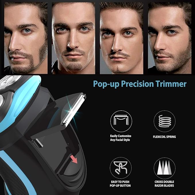 MAX-T Electric Razor for Men with Pop-Up Trimmer, IPX7 Waterproof Electric Shaver, 3D Rotary Shaver, Rechargeable Cordless Shavers for Men, Type-C, 120Mins Runtime, Plug & Play