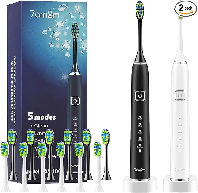 7AM2M Sonic Electric Toothbrush with 6 Brush Heads for Adults and Kids, One Charge for 90 Days, Wireless Fast Charge, 5 Modes with 2 Minutes Built in Smart Timer, Electric Toothbrushes (Black&White)