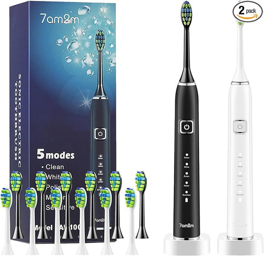 7AM2M Sonic Electric Toothbrush with 6 Brush Heads for Adults and Kids, One Charge for 90 Days, Wireless Fast Charge, 5 Modes with 2 Minutes Built in Smart Timer, Electric Toothbrushes (Black&White)