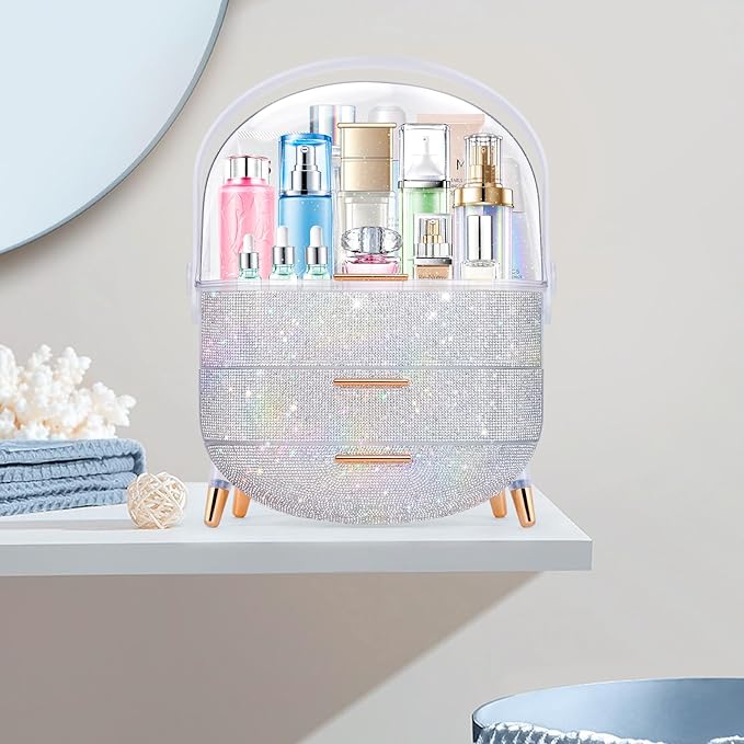 Teen Girls Gift Makeup Organizer, Skincare & Jewelry Storage, Cosmetics Display Case, Makeup Holder, Bathroom Organizer (Bling Rhinestone)