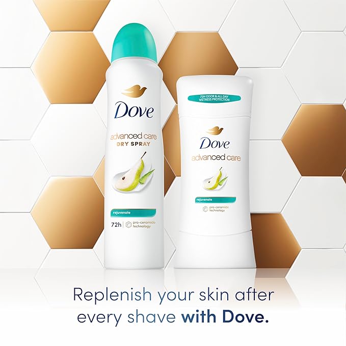 Dove Advanced Care Antiperspirant Deodorant Stick Rejuvenate 4 Count to help skin barrier repair after shaving by boosting skin's ceramide levels 72-hour odor control for soft underarms 2.6 oz