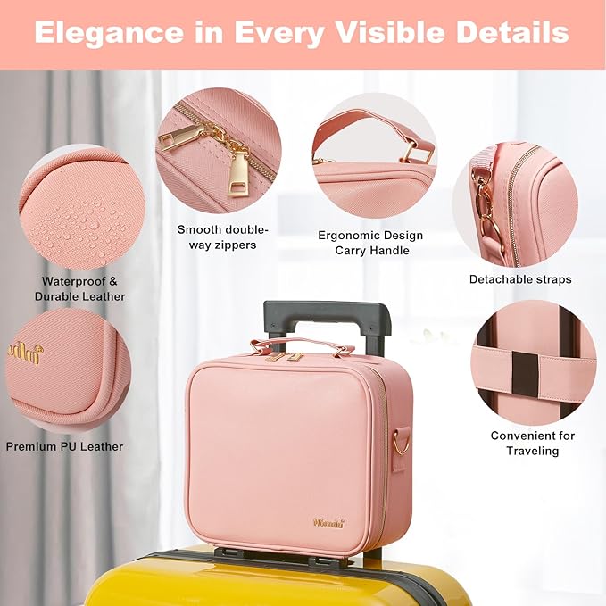 Mocado Travel Makeup Bag with LED Lighted Mirror,Travel Makeup Organizer,Makeup Case with 8 Makeup Brushes and 10x Magnifying Mirror,3 Colors Lighting, Adjustable Dividers Makeup Box(Pink)