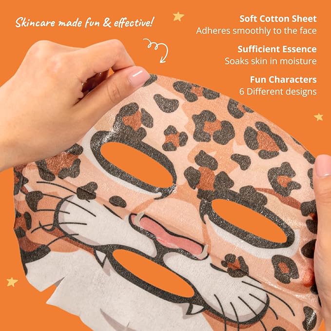 Epielle Character Face Mask Mystical Safari 6 Pack, Fun & Effective Korean Skin Care, Spa Party Favors, Stocking Stuffers, Birthday Gifts for Women, Thanksgiving Essentials