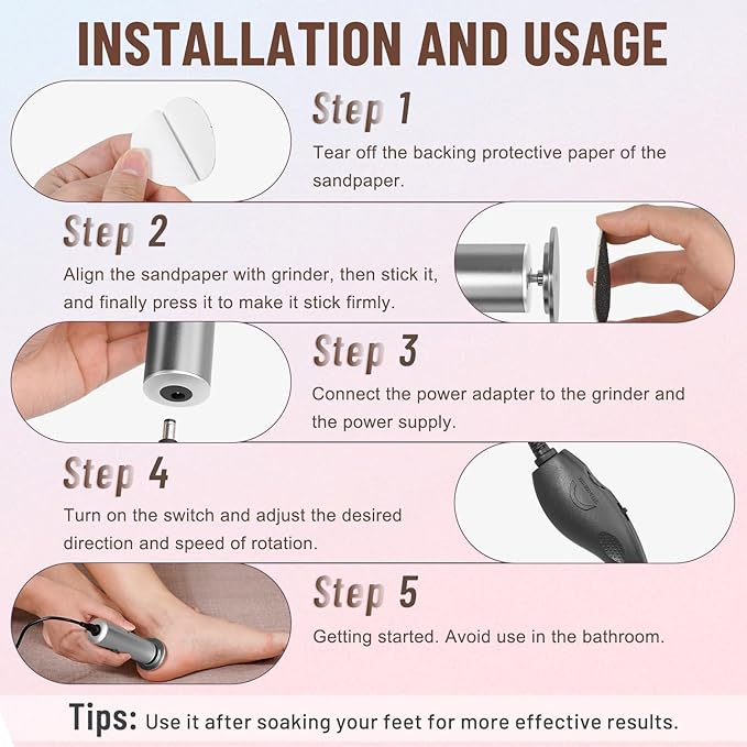 Dermawave Electric Foot File Callus Remover for Feet, Professional Foot Scrubber Sander Grinder for Dead Skin Cracked Heel, Pedicure Tool with 60 Sandpaper Discs for Men & Women