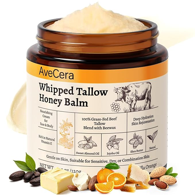 Beef Tallow for Skin - Organic Grass Fed Beef Tallow Balm for Face & Body Moisturizer - Whipped Tallow and Honey Balm Deeply Hydrates for Sensitive, Dry Skin Care - 4.23 oz, Vanilla Orange