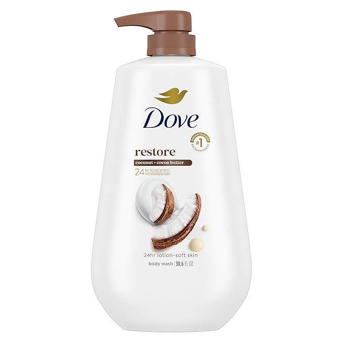 Dove Body Wash with Pump Restore Coconut & Cocoa Butter for 24hr Lotion-Soft Skin Moisturizing Skin Cleanser with No Sulfates No Parabens 30.6 Oz