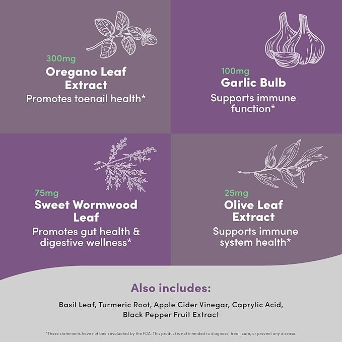 Toenail Peak - Healthy Nail Support Supplement - Promotes Gut Health & Immune Function - with Olive Leaf Extract, Sweet Wormwood, Oregano, Garlic & More - Gluten-Free - 60 Capsules