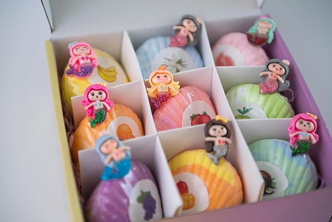 Handmade Bath Bomb Gift Set with Toys Inside, 9 Pack Organic Bath Bombs for Kids, Birthday Gift for Girls, Bubble Bath Fizzy with Natural Shea and Coconut Butter, Little Mermaid Toys