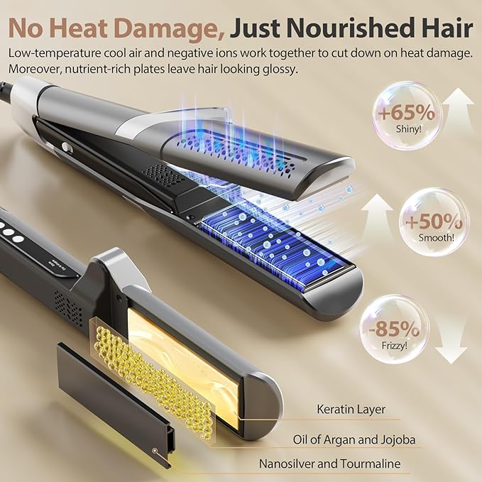 Quico Hair Dryer Air Straightener, Wet to Dry Ionic Hair Straighteners with High-Speed Airflow, 5 Temps & Dual Voltage, 2-in-1 Flat Iron and Blow Dryer, Black Grey