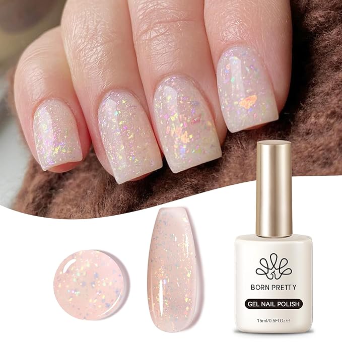 BORN PRETTY Jelly Glitter Gel Nail Polish Shimmer Nude Gel Polish Translucent Sheer Milky Gel Polish Nail Art Manicure Salon DIY at Home