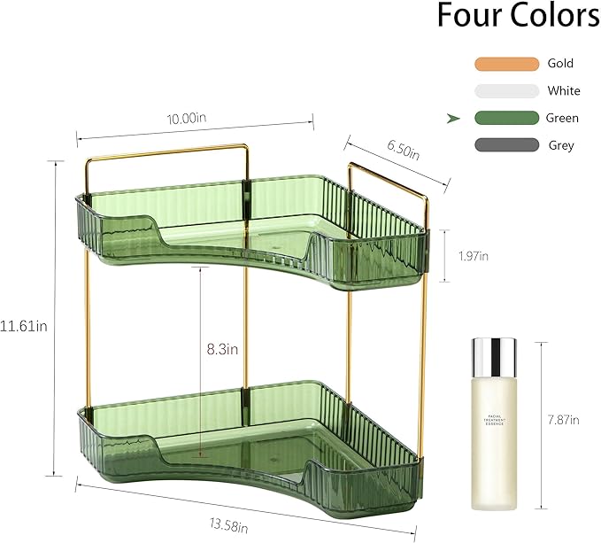 YCIA&DONE Corner Bathroom Counter Organizer, Makeup Organizer for Vanity, Skincare Cosmetic Perfume Tray, Corner Countertop Shelf Rack Storage for Bathroom Kitchen 2 Tiers (Vintage Green)