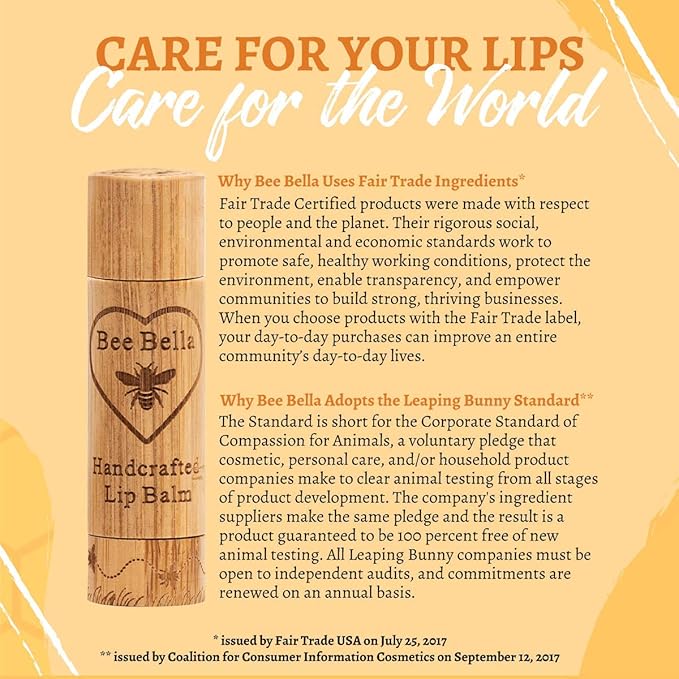 Bee Bella Lip Balm, Peppermint, 3 Pack - Hydrating Lip Care, 100% Natural, Original Organic Beeswax with Vitamin E, Handmade in USA