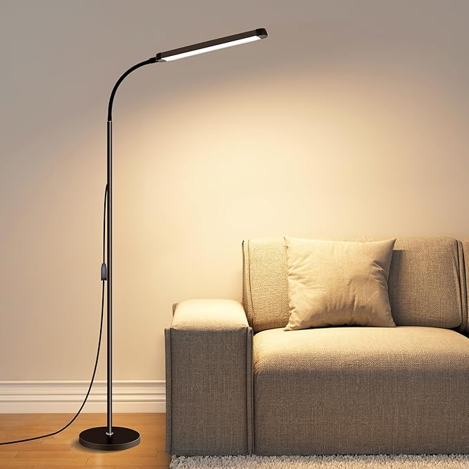 Modern LED Floor Lamp for Reading in Black, Bright 12W Dimmable Standing Light with Adjustable Gooseneck, 3 Color Temperatures, for Living Room corner, Office, Study Room, bedroom bedside nursery,lash