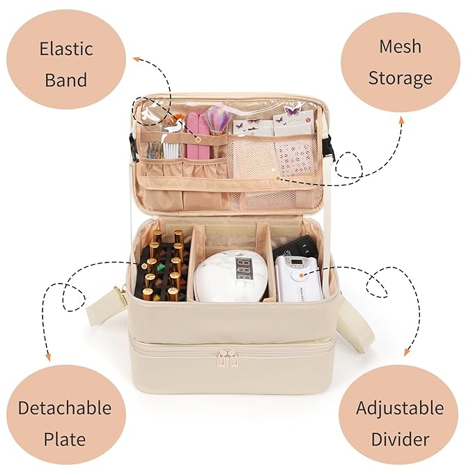 Ethereal Nail Polish Organizer Case, Leather Nail Polish Bag Holds 50+ Bottles (5ml/0.5fl.oz) and Nail Lamp, Nail Storage Organizer with Compartment, Leather White