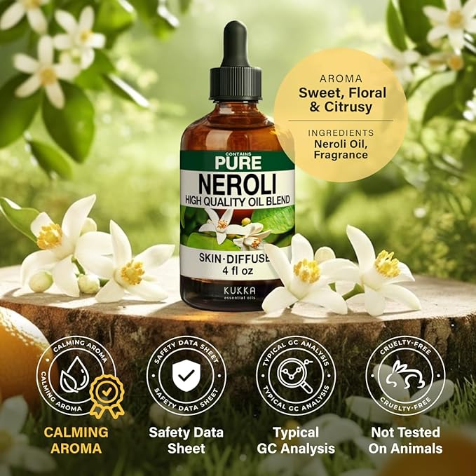 KUKKA Neroli Essential Oils - 4 Fl Oz - for Hair, Skin, Diffuser, Aromatherapy & DIY Soap Making Scent