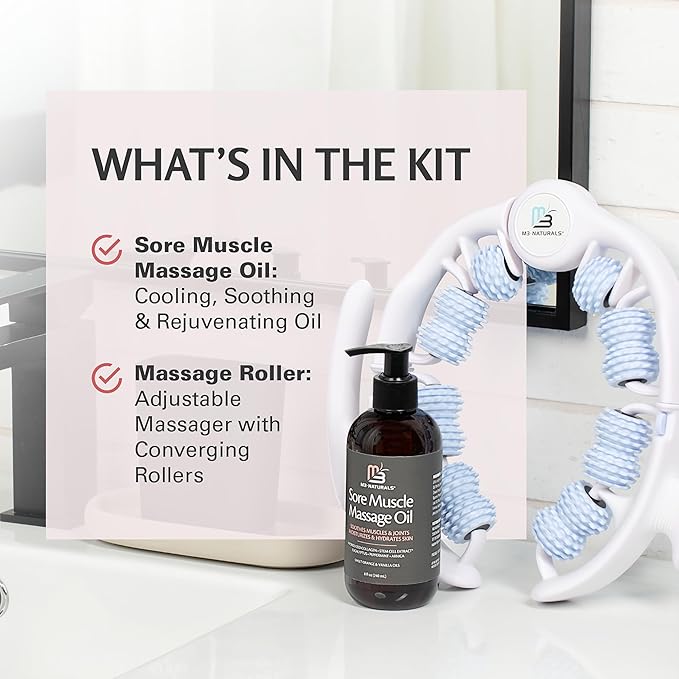 Arnica Sore Muscle Massage Oil and Massager Kit | Relaxing Post-Workout Recovery Duo for Sore Arms, Joints, Legs Cramps, and Lymphatic Drainage, Fast-Acting Formula, 8 fl oz by M3 Naturals