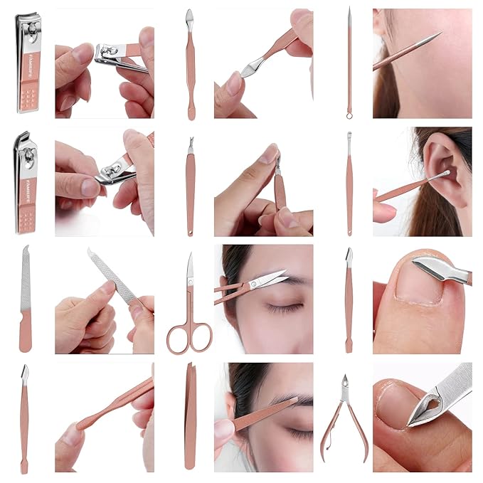 FAMILIFE Manicure Set, Professional Nail Kit Stainless Steel Nail Clipper Set, 13PCS Beauty Tools Manicure Kit Pedicure Tools, with Portable Pink Leather Travel Case for Her