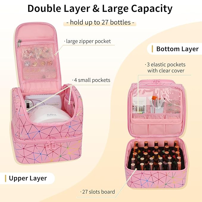 CUBETASTIC Nail Polish Organizer Bag, Double Layer Nail Tech Travel Case Holds 27 Bottles & Nail Lamp, Pink Nail Storage Organizer Box for Supplies, Portable Manicure Case