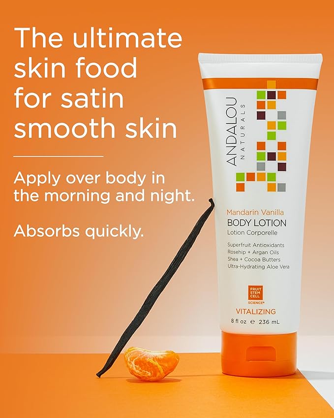 Andalou Naturals Vitalizing Body Lotion Mandarin Vanilla - Hydrating Daily Moisturizer to Nourish Dry Skin - With Shea Butter, Cocoa Butter, Rose Hip Oil, Argan Oil, & Aloe Vera - 8 fl oz