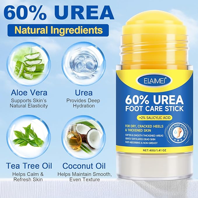 60% Urea with 2% Salicylic Acid Urea Foot Care Stick, Heel Stick for Cracked Feet, Foot Care Cream Moisturizer for Dry Cracked Feet, Knees, Elbows, Hands, Foot Lotion Stick -1.41oz