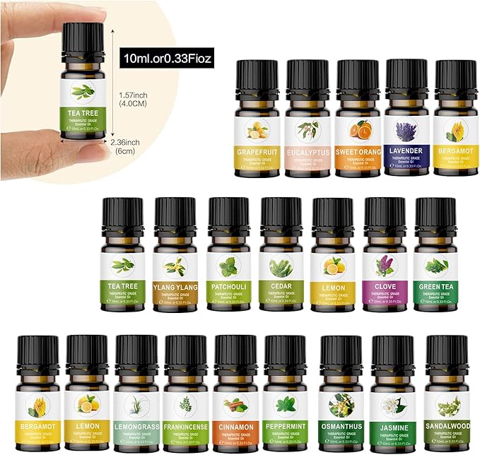 Essential Oils Set for Diffuser, Aromatherapy Oils 20 * 10 ml, 100% Organic Fragrance Oil Kit for Humidifier, Skin Care, Candle Making, Peppermint, Lavender, Eucalyptus, Jasmine, Ylang Ylang & More