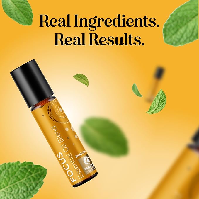 Focus Essential Oil Roll On - Aromatherapy Essential Oil Roller with Invigorating Pure Citrus and Mint Oils - Attention and Focus Essential Oil Blend with Eucalyptus Peppermint & Grapefruit (1 Pack)