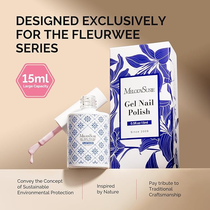 MelodySusie Fleurwee Plant Based Gel Nail Polish, Hema Free Pale Nude Pink Nail Polish, Soak Off UV LED Gel Polish Gift for Women 21 Non Toxic Long Lasting Nail Art Manicure Salon DIY at Home P12