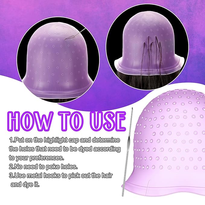 Jexine 2 Pcs Hair Coloring Highlighting Cap Reusable Silicone Highlight Cap with Holes and Hook for Hair Coloring, Frosting, Hairdressing & Highlighting, Salon Tools Kit (Purple)