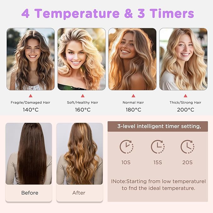 Automatic Curling Iron, 1.5 Inch Hair Curler with 4 Temp. Options, 10S Fast Heating, 2-Way Rotation, 30 Min Auto Shut-Off, Anti-Scald-Tangle for Long Hair, Dual Voltage for Travel (Khaki)