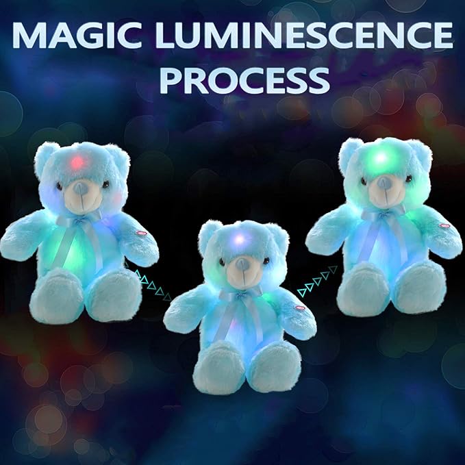 LED Teddy Bears Stuffed Animals, Cute Glow Bear Plush Toys Creative Colorful Luminous Light Up Doll Gifts for Bedroom, Kids, Baby, Valentine,Blue,18 inch