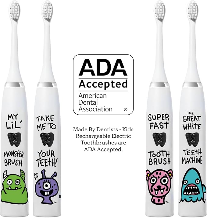 Made by Dentists Kids Electric Toothbrush - Rechargeable Vibrating Toothbrush with Timer, Includes 6 Replacement Heads, Gently Cleans Teeth, Girls and Boys, Kid & Toddlers Age 2+, Monster