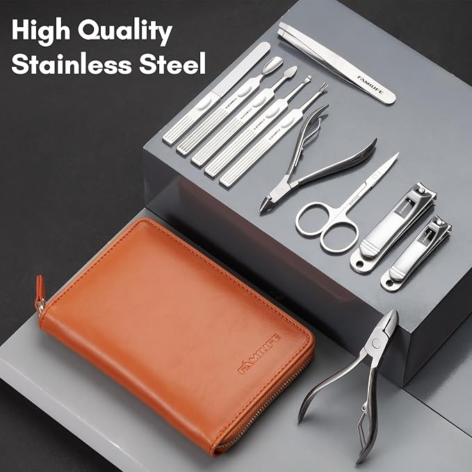 FAMILIFE Professional Manicure Set, Manicure Kit, Nail Clippers Set, 11 in 1 Stainless Steel Orange Pedicure Tool, Nail Kit with Portable Leather Travel Case Luxury Gifts