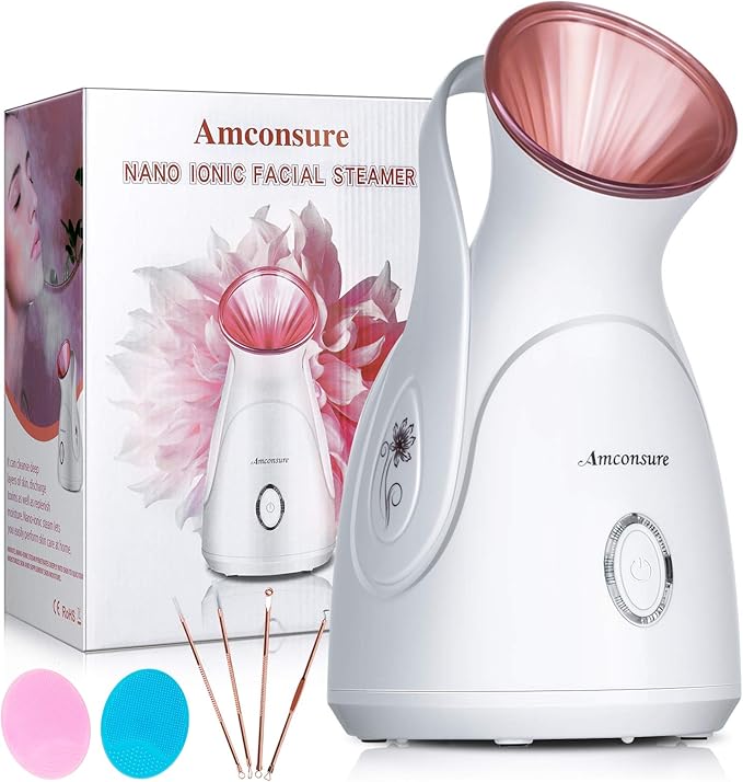Facial Steamer, Amconsure Nano Ionic Face Steamer for Home, 100ML Warm Mist Humidifier for Women Moisturizing, Unclogs Pores-Bonus Stainless Steel Skin Kit and 2 Face Scrubbers