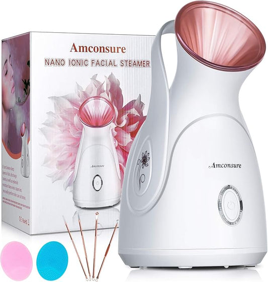 Facial Steamer, Amconsure Nano Ionic Face Steamer for Home, 100ML Warm Mist Humidifier for Women Moisturizing, Unclogs Pores-Bonus Stainless Steel Skin Kit and 2 Face Scrubbers