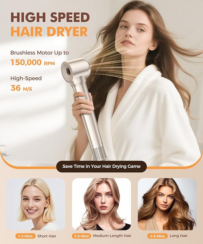 6-in-1 Hair Dryer Brush, Hair Styler with Automatic Curlers, 150,000 RPM High-Speed Negative Ionic Hair Dryer Fast Drying, Blow Dryer Brush for Curling/Volumizing/Straightening with Travel Bag, Gold