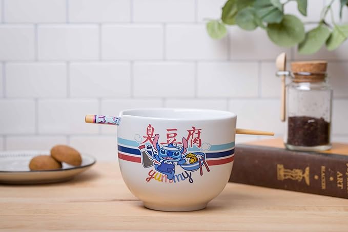 Silver Buffalo Lilo and Stitch Yummy Ceramic Ramen Noodle Rice Bowl with Chopsticks, Microwave Safe, 20 Ounces